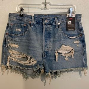 Levi’s 501 Light Blue Denim Distressed Shorts, size W31